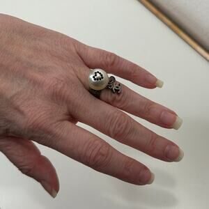 Chanel Paris Silver  Embossed Logo Pearl Crystal Heart Dangle Ring 6.5